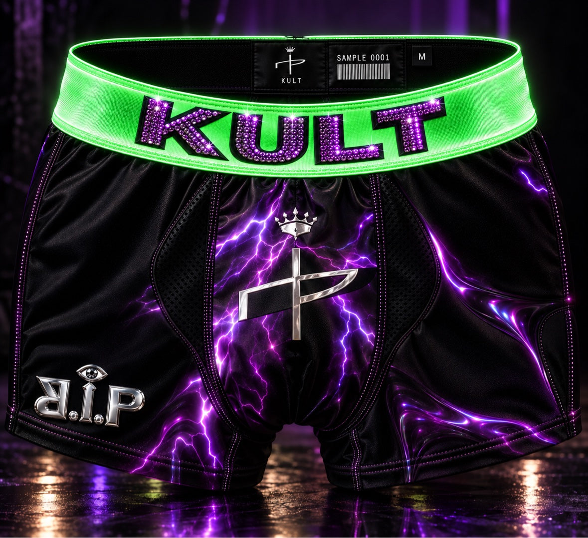 KULT AFTERDARK black boxer briefs with crystal KULT lettering and neon green waistband